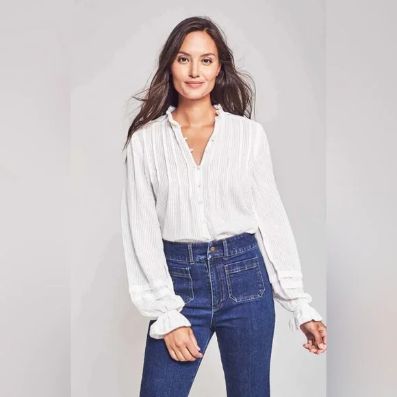 Faherty Willa Organic Cotton Boho White Ruffled Blouse L - Picture 1 of 4